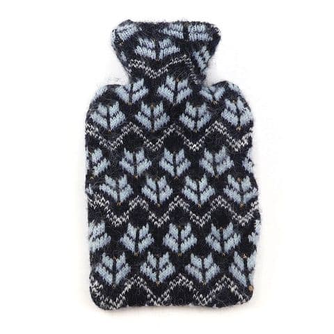 NAVY & BLUE MIX FLOWER KNITTED COVER MINI HOT WATER BOTTLE