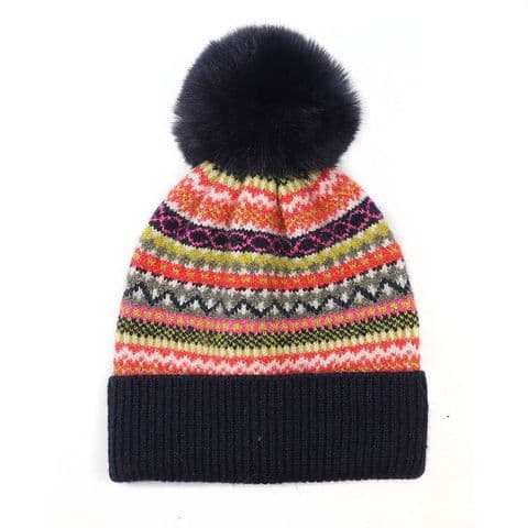 NAVY & RUST FAIRISLE HAT WITH A FAUX FUR POMPOM