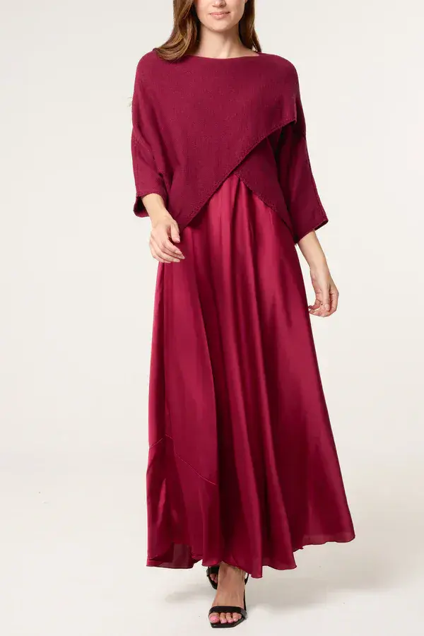 OPEN KNIT TOP & SATIN DRESS SET
