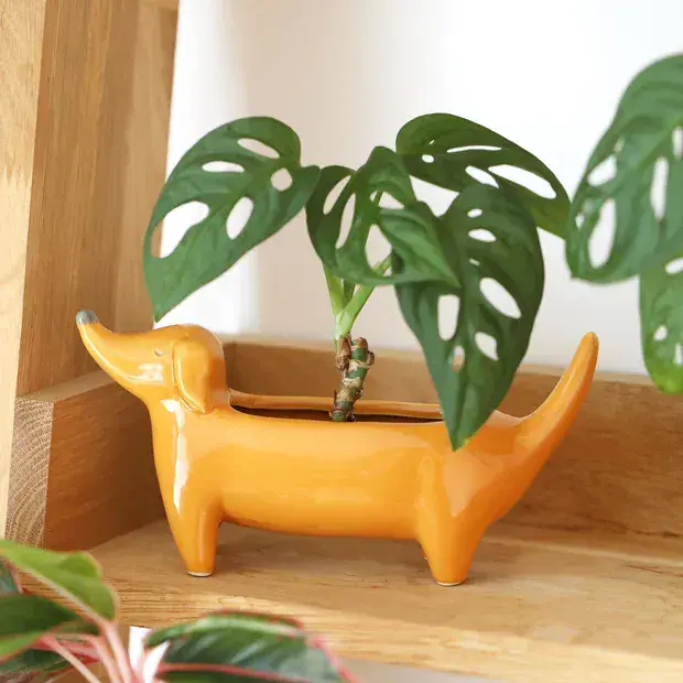 ORANGE DACHSHUND STANDING DOG PLANTER