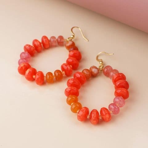 ORANGE STONE MIXED BEAD HOOP DROP EARRINGS