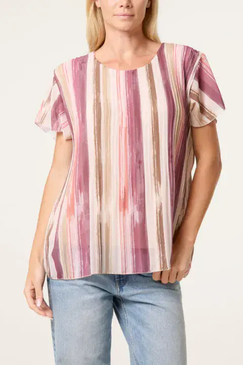 PAINT PRINT SHORT SLEEVE PLEATED TOP