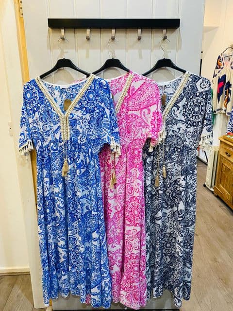 PAISELEY LONG TASSEL DRESS PINK