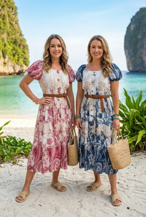 PAISLEY ROUND NECK BUTTON DRESS