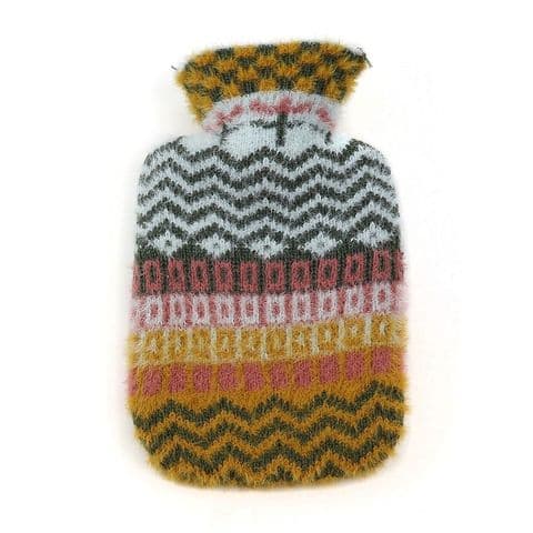 PALE BLUE & MUSTARD MULTI PATTERN COVER MINI HOT WATER BOTTLE