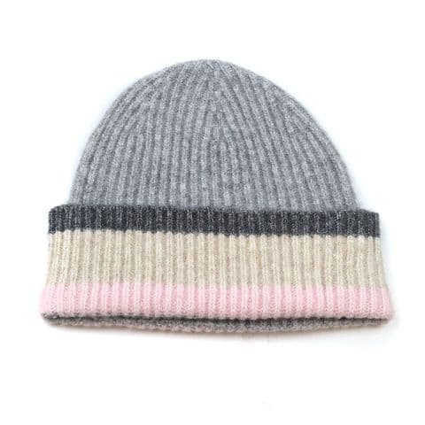 PALE GREY AND PINK MIX RIBBED BEANIE HAT
