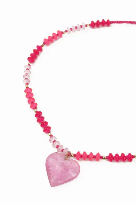 PINK GLASS BEADED NECKLACE WITH PINK HEART CHARM