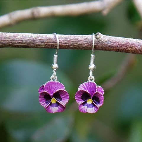 PINK PANSY FLOWER DROP EARRINGS IN SILVER