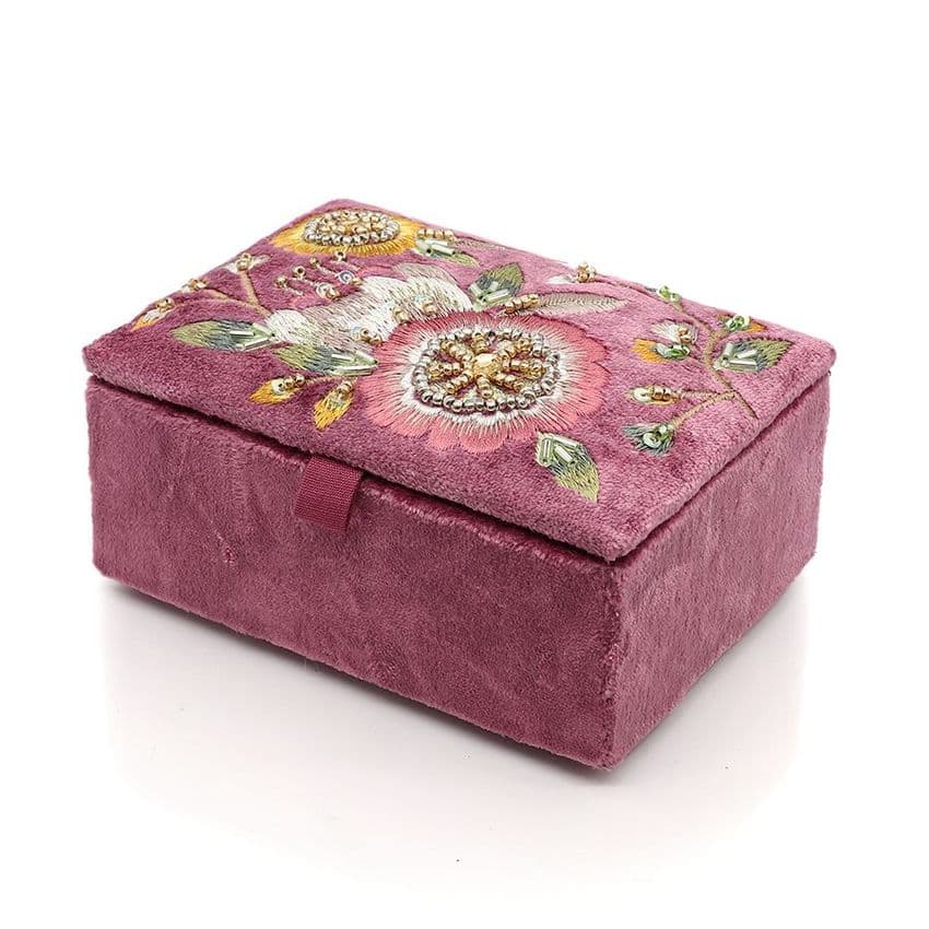 PINK VELVET VINTAGE FLORAL EMBELLISHED JEWELLERY BOX