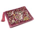 PINK VELVET VINTAGE FLORAL EMBELLISHED ZIP PURSE