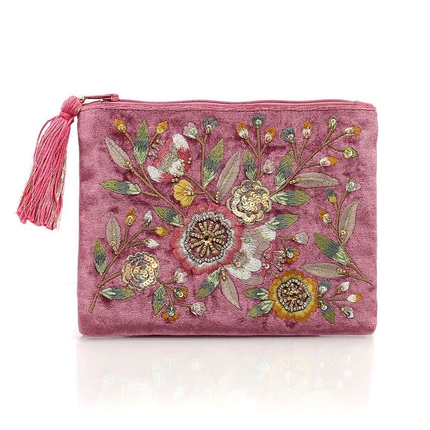 PINK VELVET VINTAGE FLORAL EMBELLISHED ZIP PURSE
