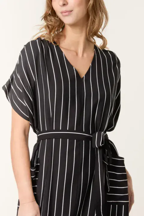 PINSTRIPE BELTED TUNIC DRESS