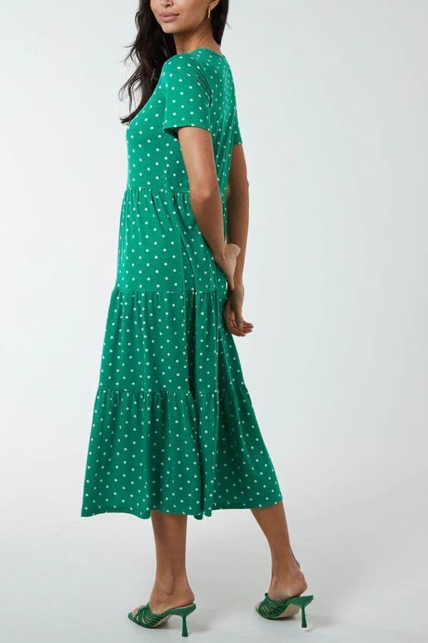 POLKA DOT TIERED SMOCK DRESS GREEN SMALL