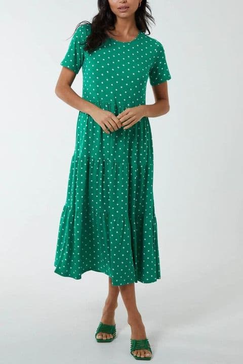 POLKA DOT TIERED SMOCK DRESS GREEN SMALL