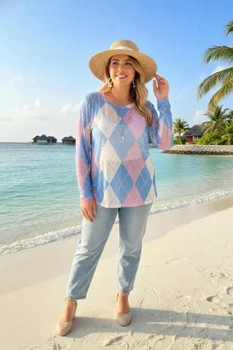 PRINTED MESH LONG SLEEVE TOP