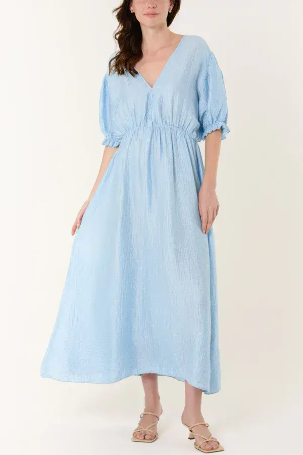 PUFF SLEEVE CRINKLE FABRIC DRESS