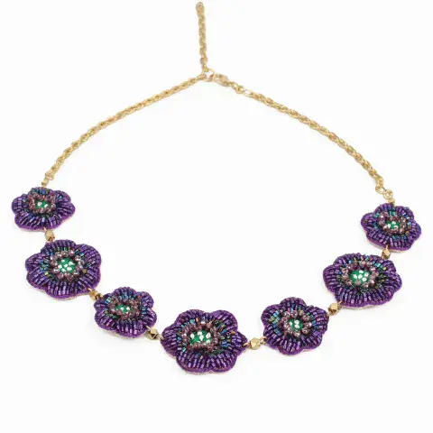 PURPLE COLOUR BEADED EMBROIDERY FLOWER NECKLACE