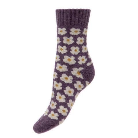 PURPLE WOOL BLEND SOCKS WITH DAISIES