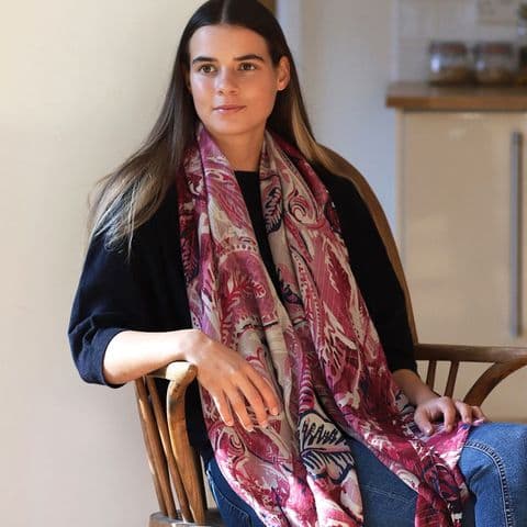RASPBERRY MIX PAISLEY LEAF PRINT  SCARF