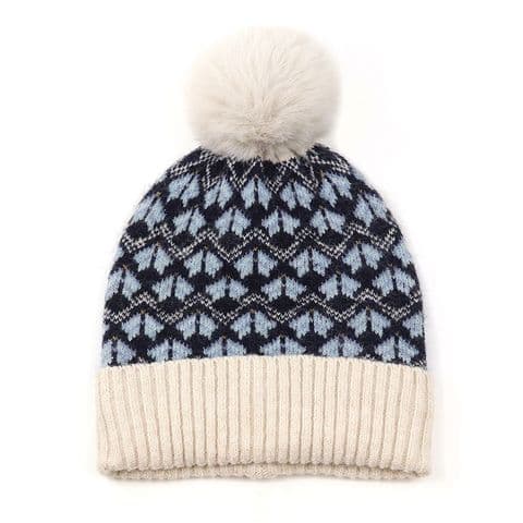 RECYCLED BLEND BLUE MIX SCANDI FLOWER BOBBLE HAT