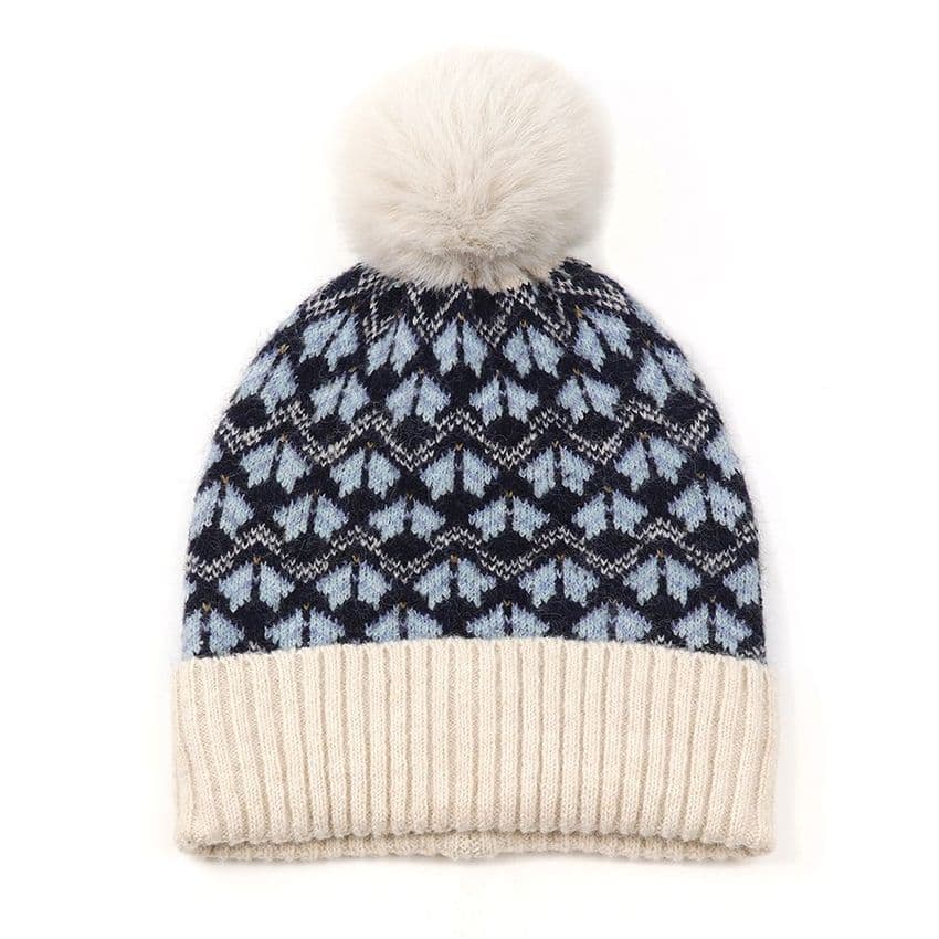 RECYCLED BLEND BLUE MIX SCANDI FLOWER BOBBLE HAT