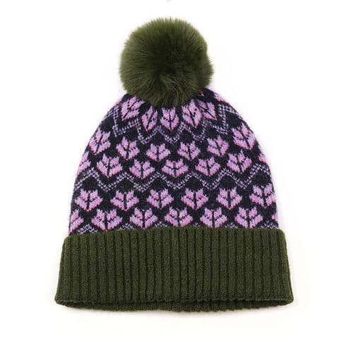 RECYCLED BLEND GREEN LILAC MIX SCANDI FLOWER BOBBLE HAT