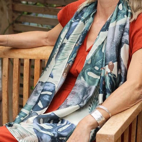 RECYCLED GREEN MIX MONSTERA LEAF PRINT SILKY SCARF