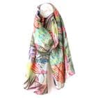 RECYCLED SILKY BRIGHT TROPICAL LEAF PRINT SCARF