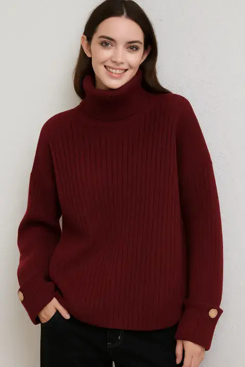 RIBBED ROLL NECK FOLDED CUFF