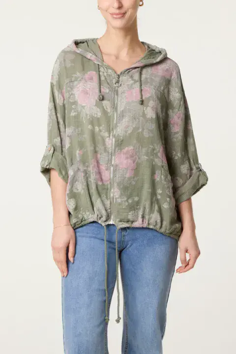 ROSES PRINT COTTON HOODED TOP