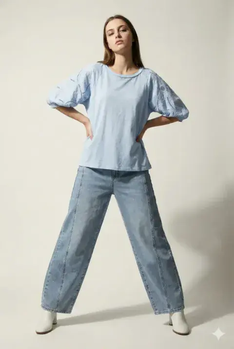 ROUND NECK PUFF EMBROIDERED SLEEVE TOP