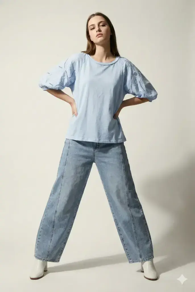 ROUND NECK PUFF EMBROIDERED SLEEVE TOP