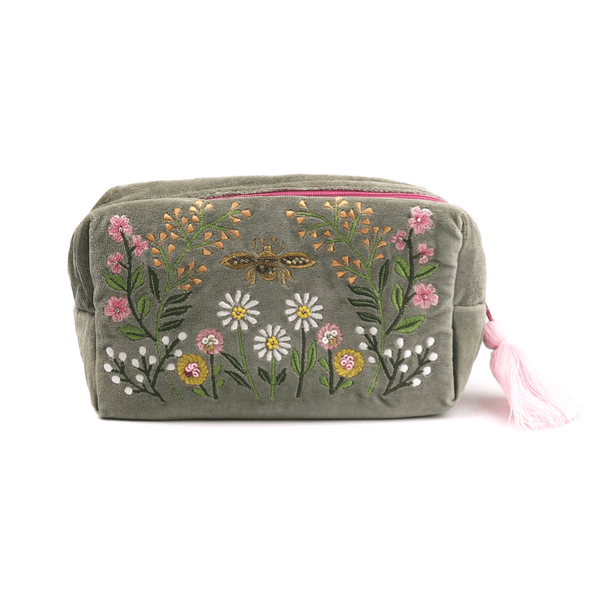 SAGE VELVET FLORAL EMBROIDERES WASH BAG