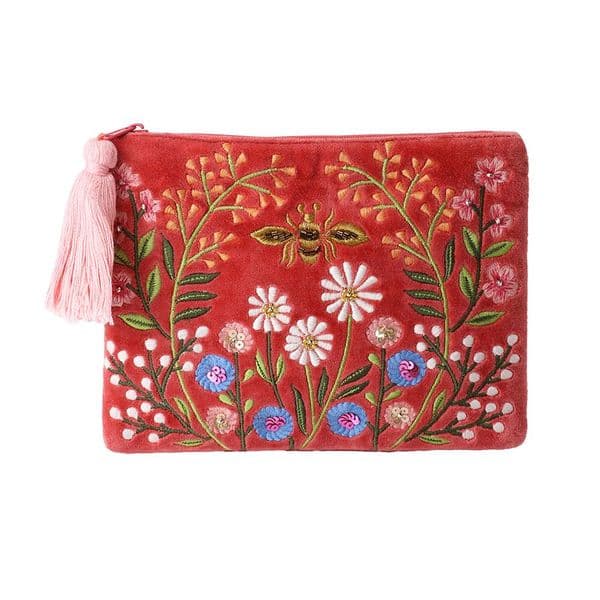 SALMON PINK VELVET MEADOW ZIP PURSE