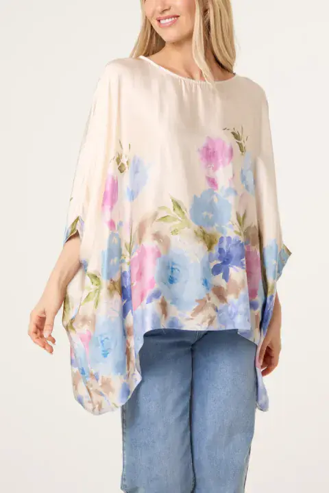 SATIN ASYMMETRIC FLORAL BLOUSE