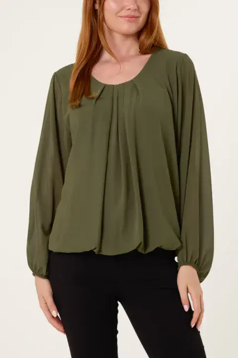 SCOOP NECK BUBBLE HEM BLOUSE KHAKI