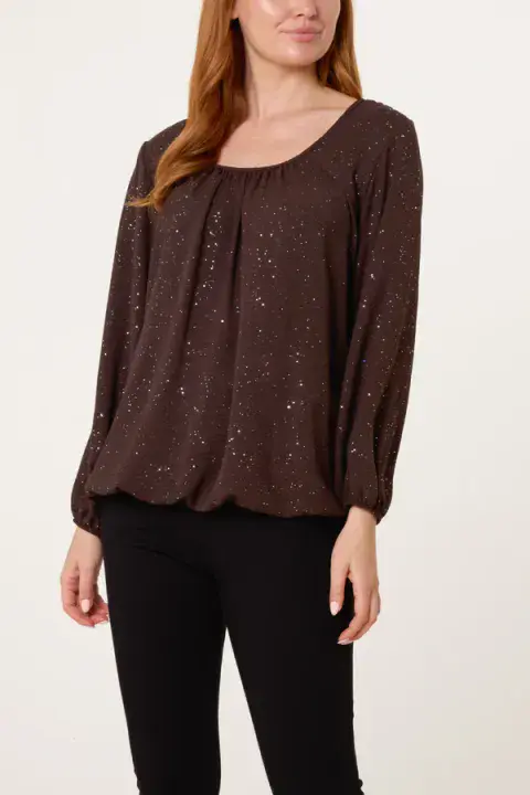 SCOOP NECK GLITTER SHEER BLOUSE CHOC