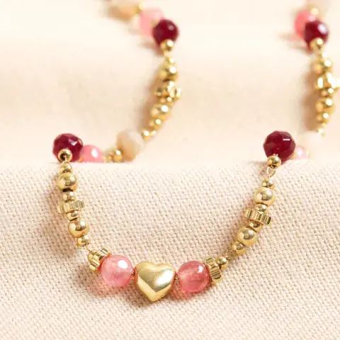 SEMI PRECIOUS PINK STONE HEART BEADED NECKLACE IN GOLD