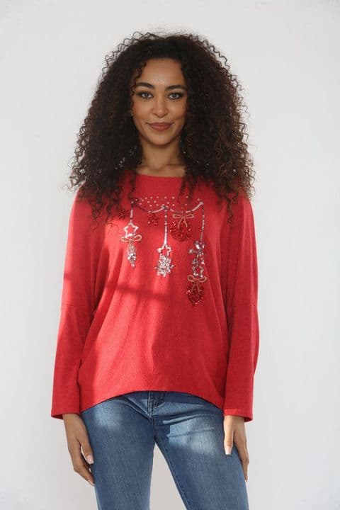 SEQUIN BAUBLES SPARKLE FINE KNIT JUMPER TOP RED
