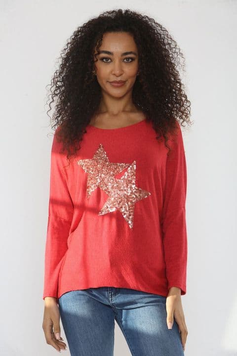 SEQUIN DOUBLE STARS SPARKLE FINE KNIT JUMPER TOP