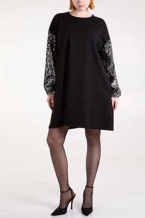 SEQUIN SLEEVE POCKET SWEATSHIRT DRESS BLACK
