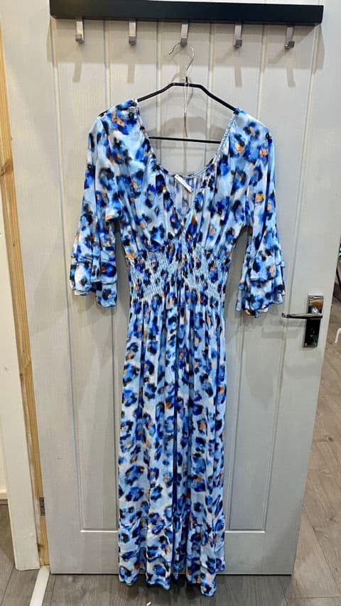 SHIRRED ABSTRACT LEOPARD PRINT DRESS BLUE