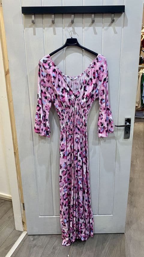 SHIRRED LEOPARD DRESS PINK