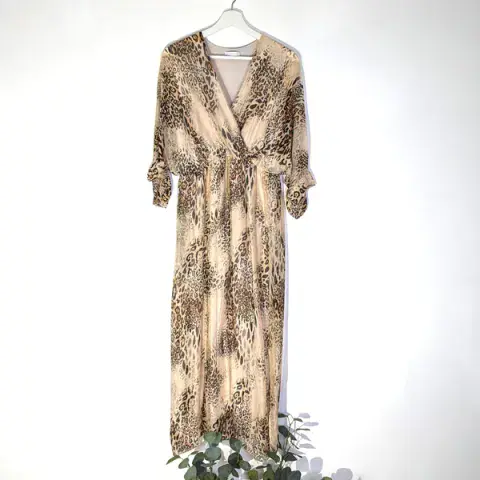 SILK BLEND DRESS WITH ANIMAL PRINT IN BEIGE