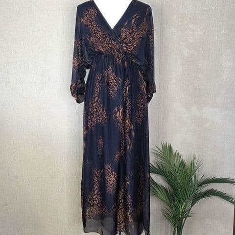 SILK BLEND DRESS WITH ANIMAL PRINT IN NAVY
