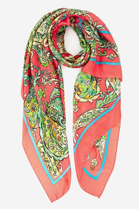 SILK TEXTURED PAISLEY PRINT SCARF CORAL