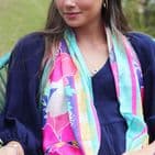SILKY BLUE & PINK BOLD FLORAL PRINT RECYCLED YARN SCARF