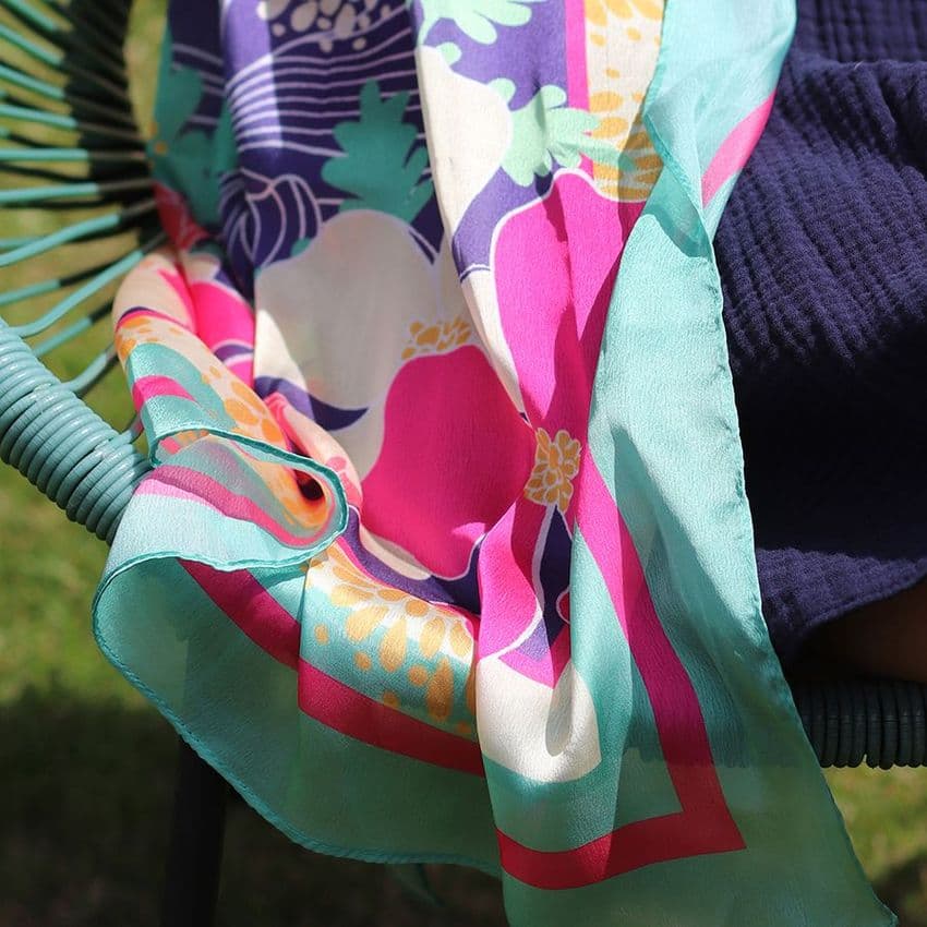 SILKY BLUE & PINK BOLD FLORAL PRINT RECYCLED YARN SCARF