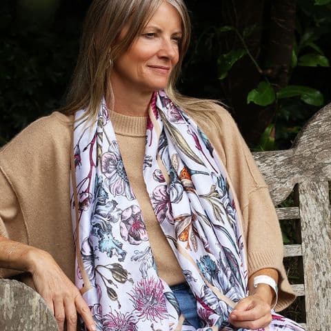 SILKY WHITE BOTANICAL PRINT SCARF