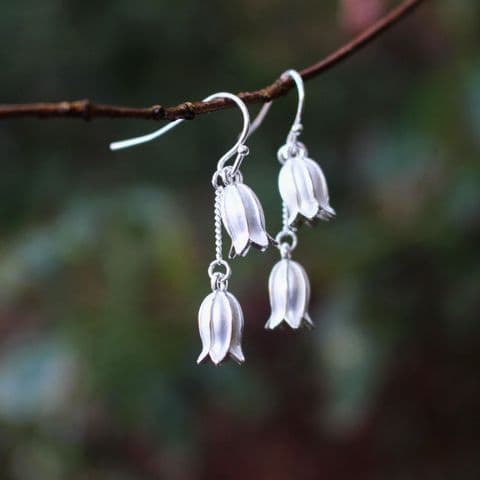 SILVER BLUEBELL FLOWER DOUBLE DROP EARRINGS